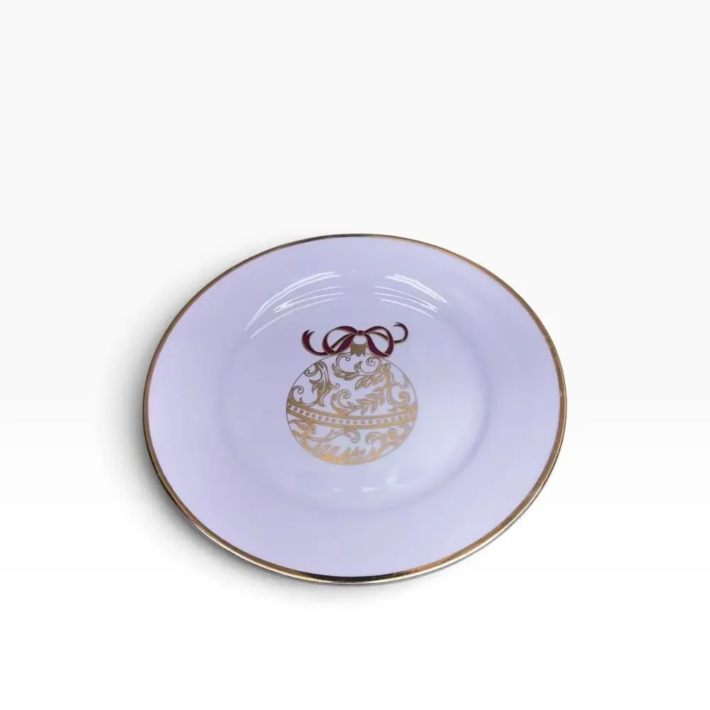 Pier 1 Ornament Gold Rim Green Brown Blue Red Bow White Salad 7.5 in Plate Lot 6